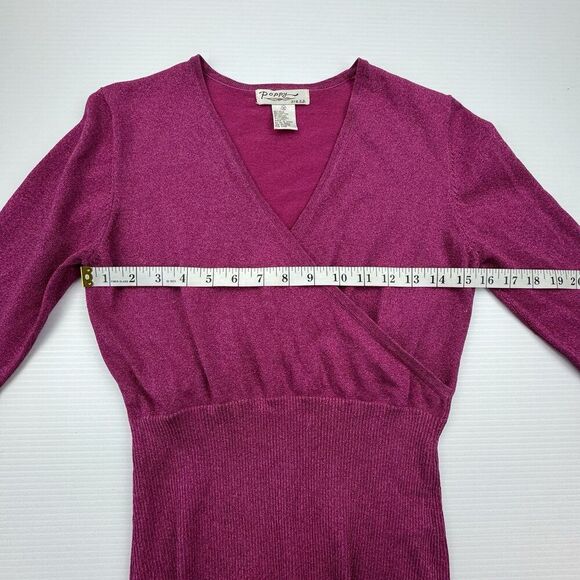Vintage POPPY Pink Sparkle Knit Sweater Top Size Medium V-Neck Ribbed Silk Blend - Picture 7 of 9